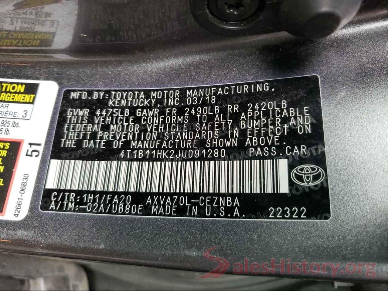 4T1B11HK2JU091280 2018 TOYOTA CAMRY