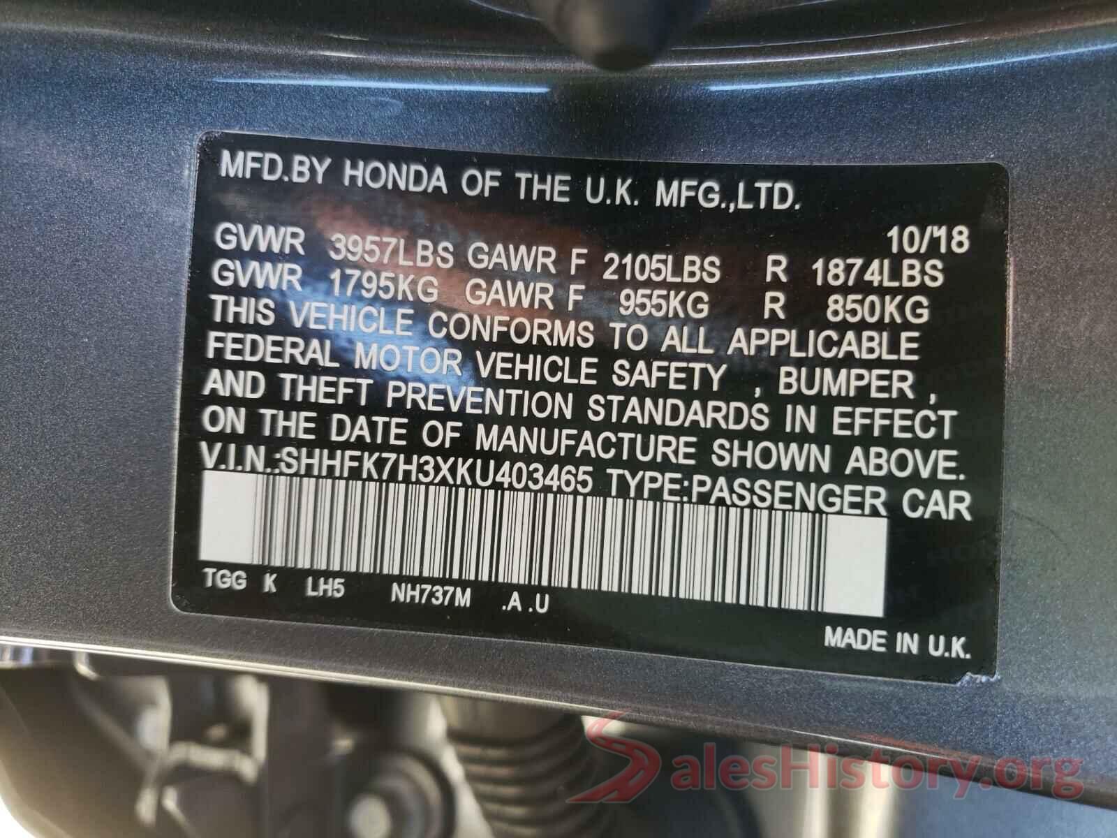 SHHFK7H3XKU403465 2019 HONDA CIVIC