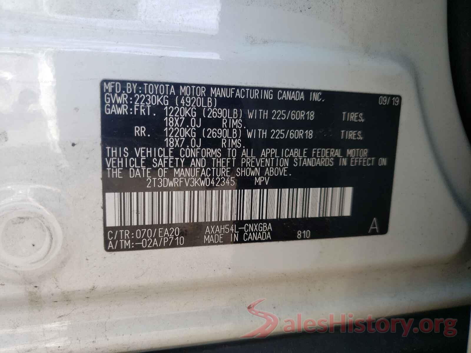 2T3DWRFV3KW042345 2019 TOYOTA RAV4