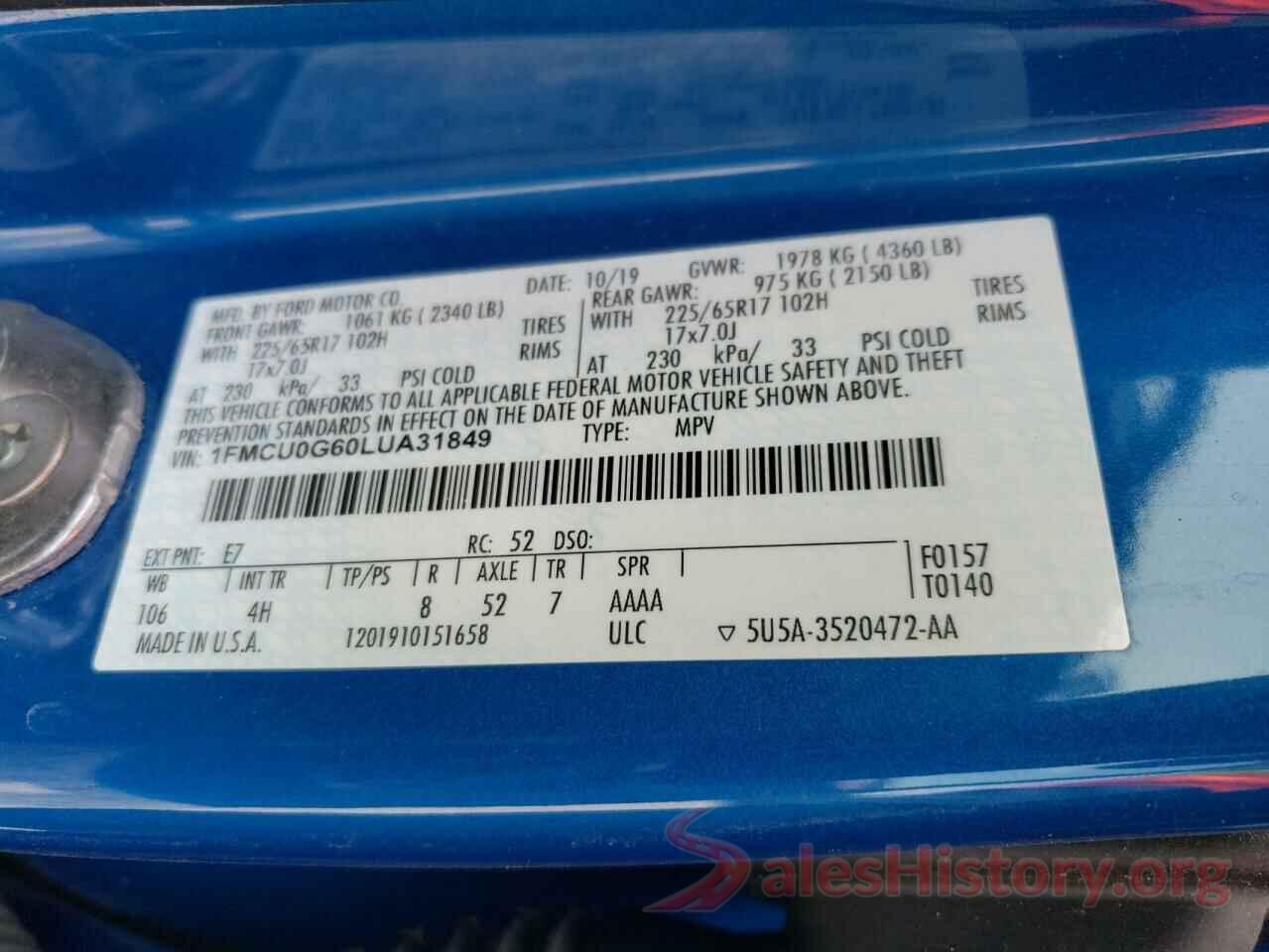 1FMCU0G60LUA31849 2020 FORD ESCAPE