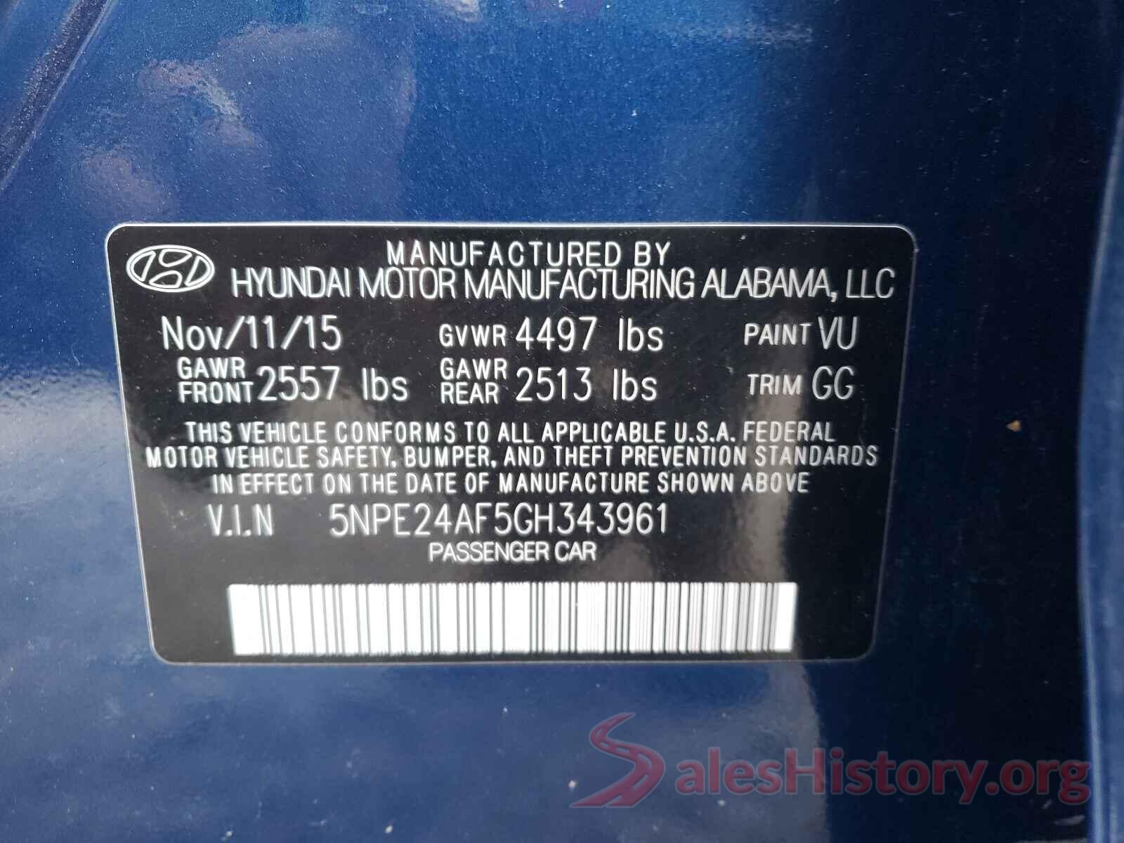 5NPE24AF5GH343961 2016 HYUNDAI SONATA