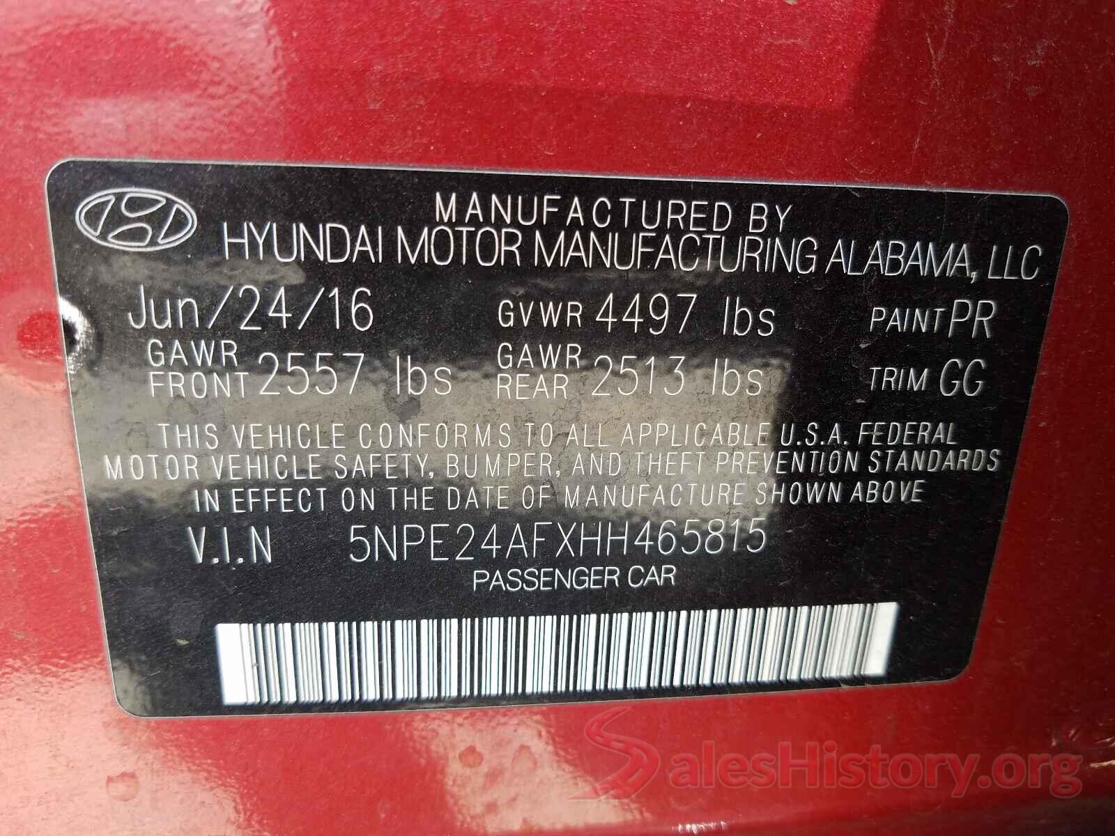 5NPE24AFXHH465815 2017 HYUNDAI SONATA