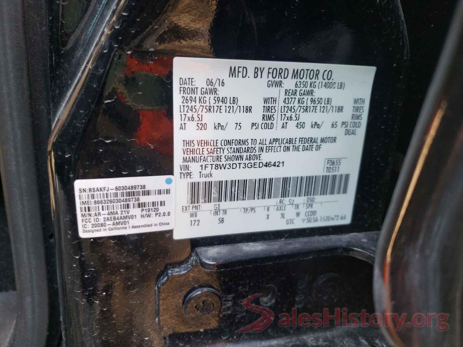 1FT8W3DT3GED46421 2016 FORD F350