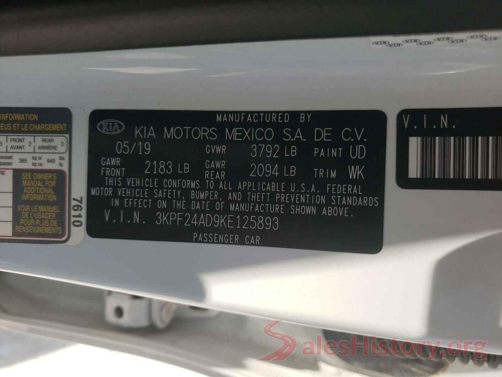 3KPF24AD9KE125893 2019 KIA FORTE