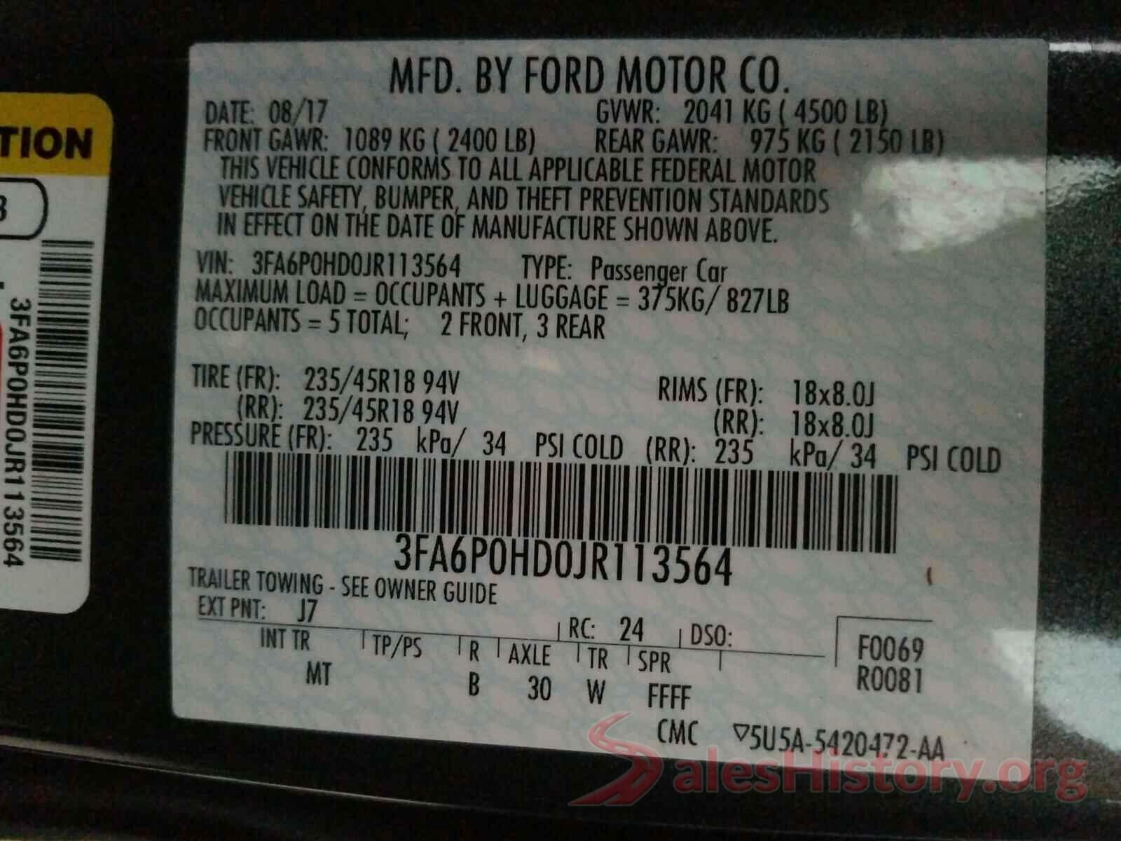 3FA6P0HD0JR113564 2018 FORD FUSION