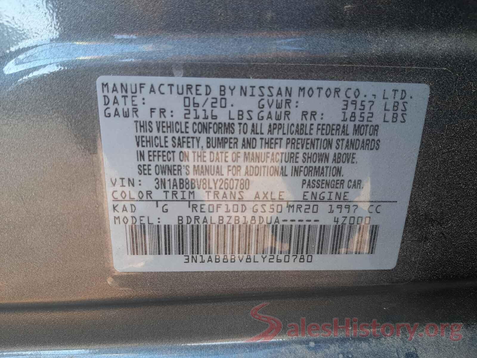 3N1AB8BV8LY260780 2020 NISSAN SENTRA