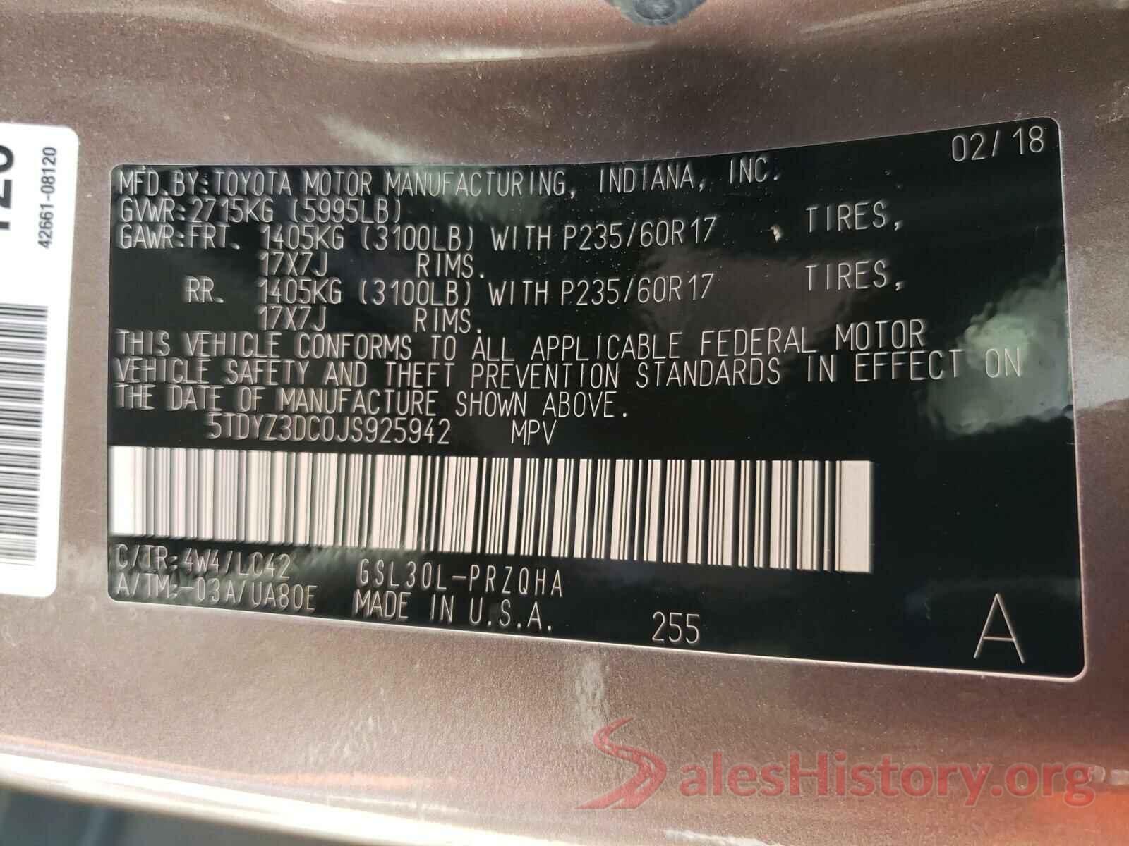 5TDYZ3DC0JS925942 2018 TOYOTA SIENNA