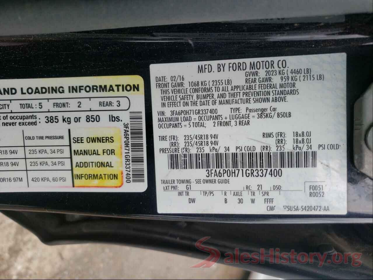 3FA6P0H71GR337400 2016 FORD FUSION