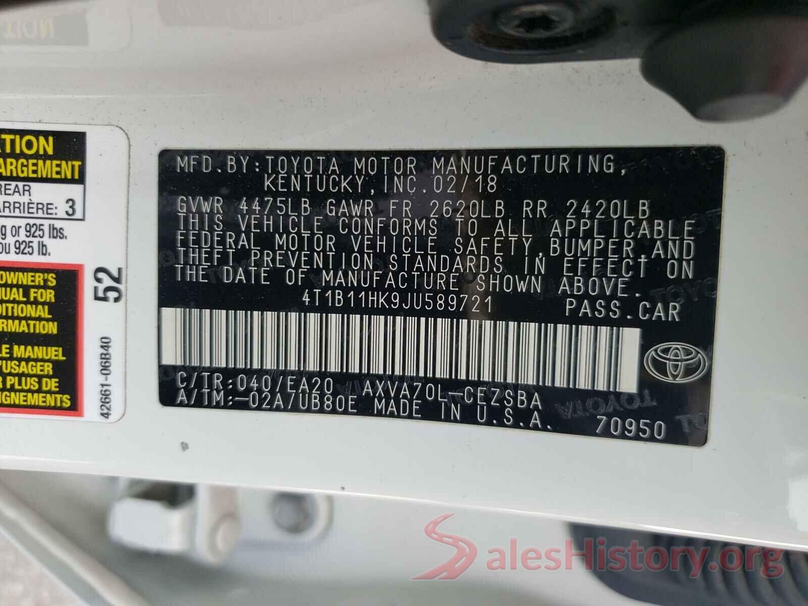 4T1B11HK9JU589721 2018 TOYOTA CAMRY