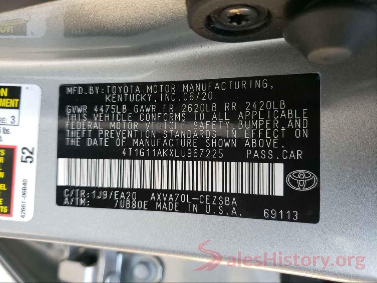 4T1G11AKXLU967225 2020 TOYOTA CAMRY