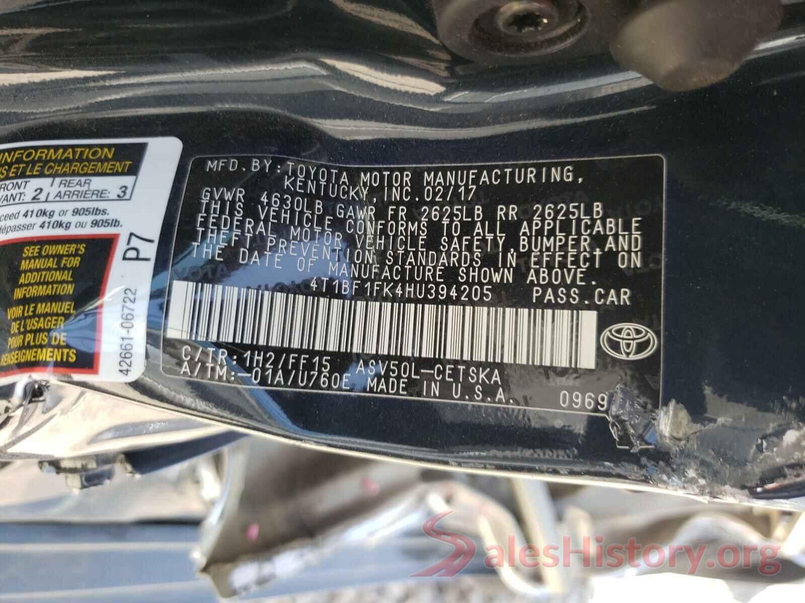 4T1BF1FK4HU394205 2017 TOYOTA CAMRY