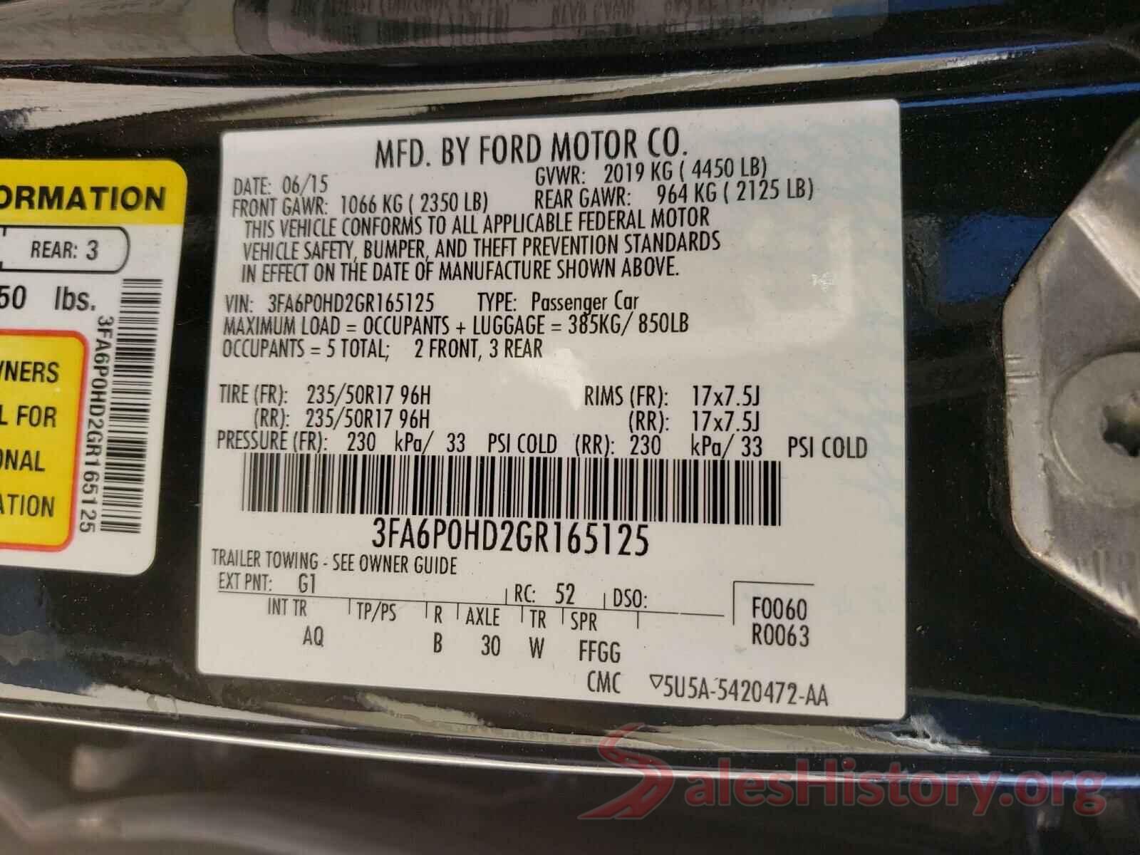 3FA6P0HD2GR165125 2016 FORD FUSION