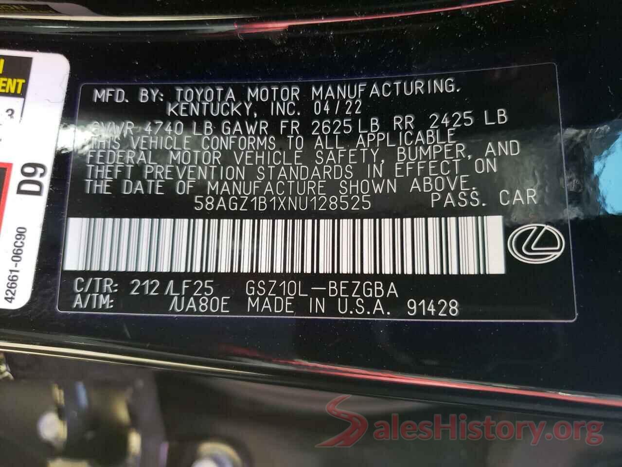 58AGZ1B1XNU128525 2022 LEXUS ES350