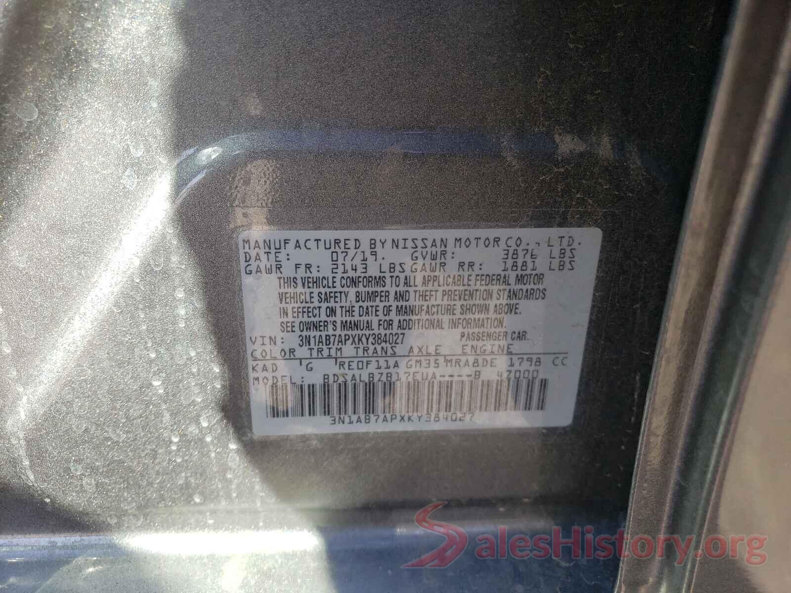 3N1AB7APXKY384027 2019 NISSAN SENTRA