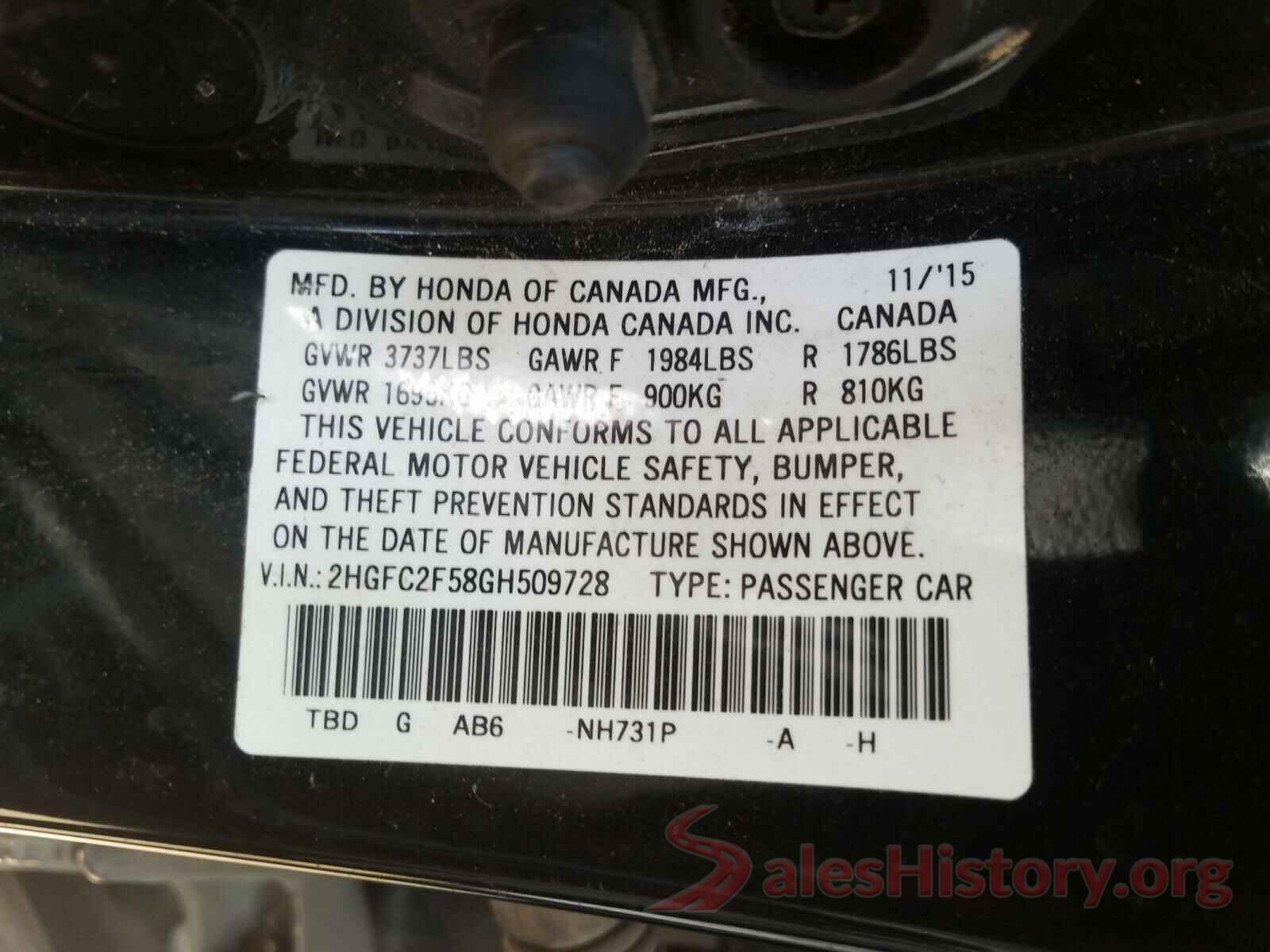 2HGFC2F58GH509728 2016 HONDA CIVIC