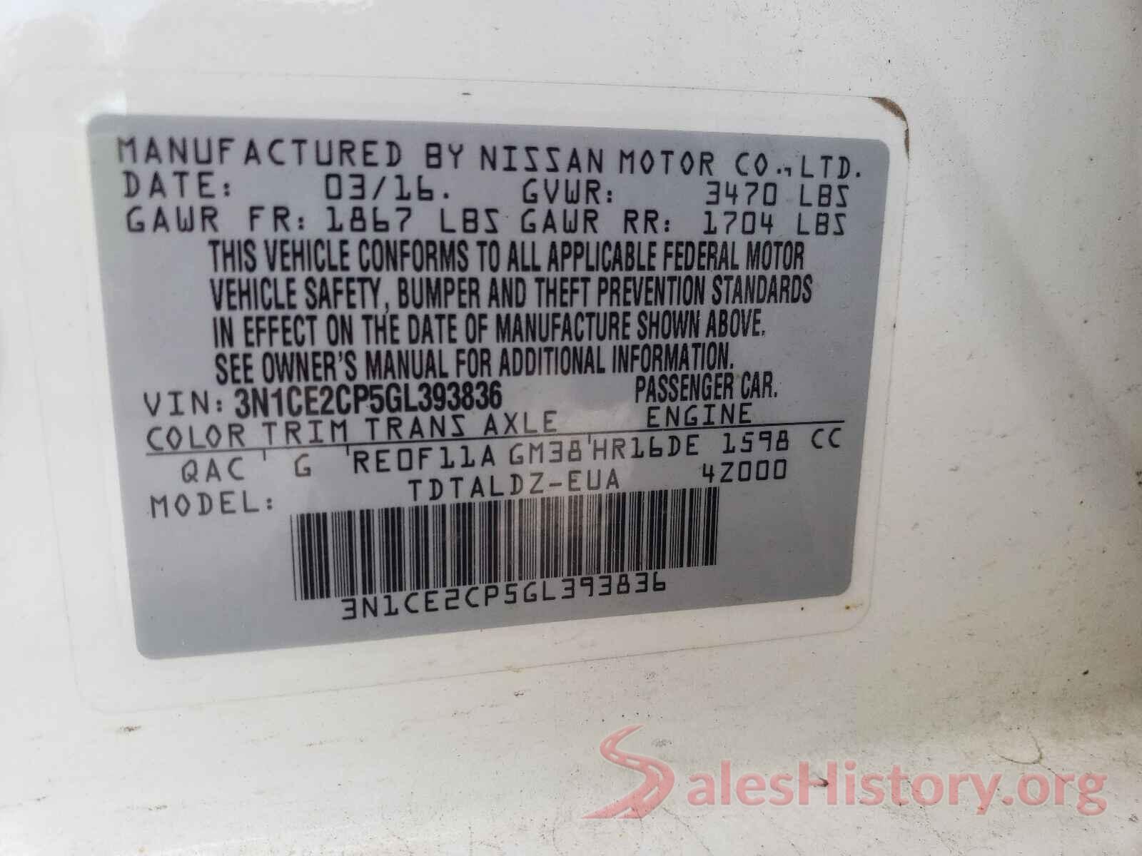 3N1CE2CP5GL393836 2016 NISSAN VERSA