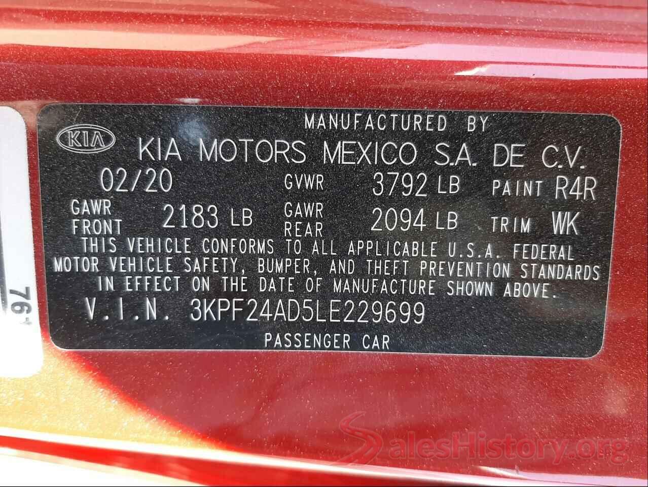 3KPF24AD5LE229699 2020 KIA FORTE