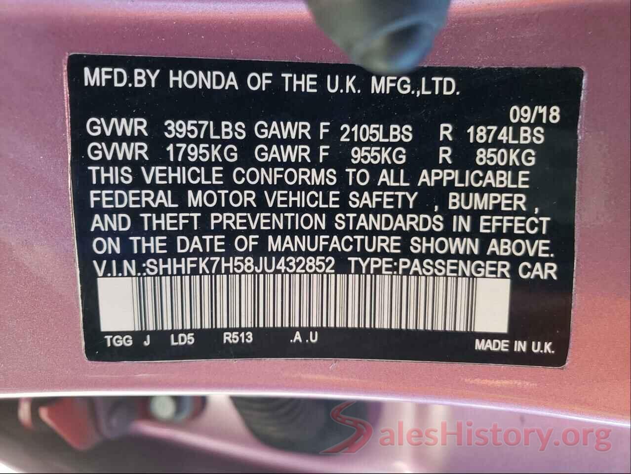 SHHFK7H58JU432852 2018 HONDA CIVIC