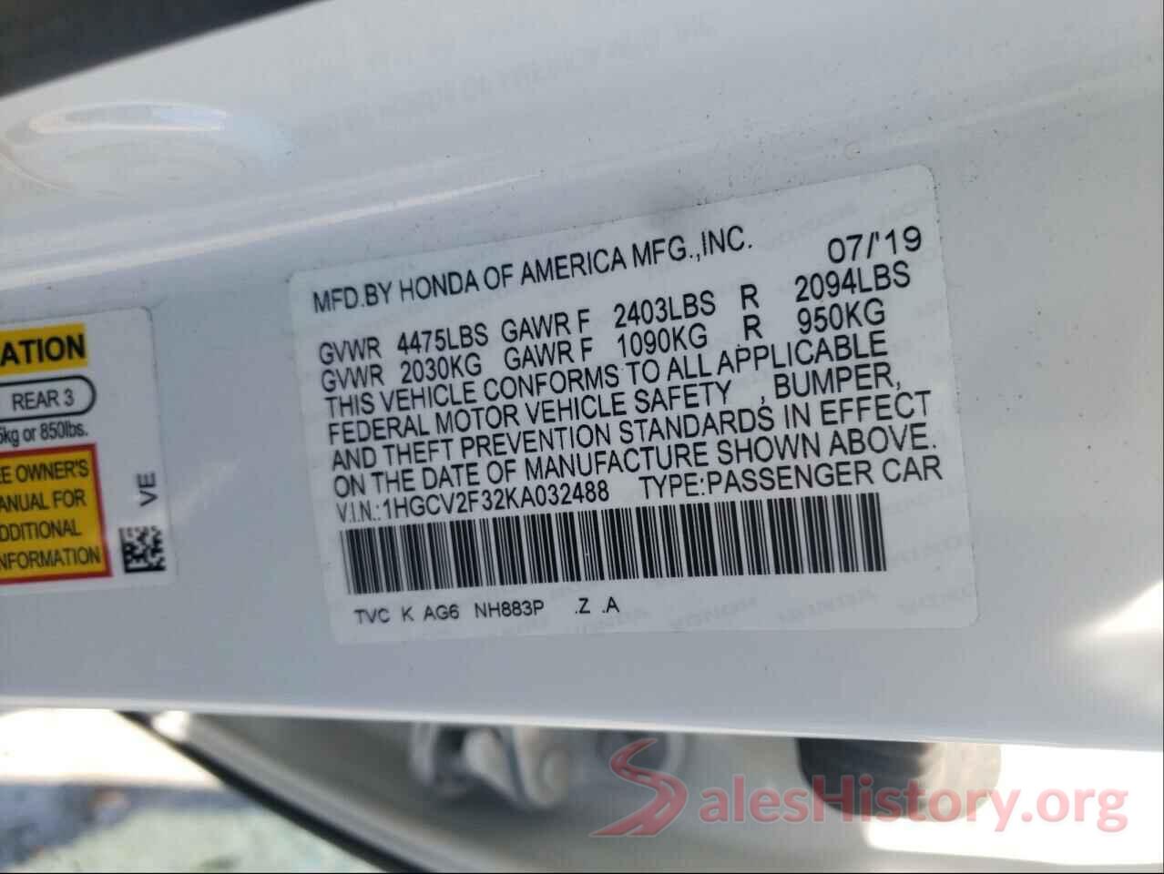 1HGCV2F32KA032488 2019 HONDA ACCORD