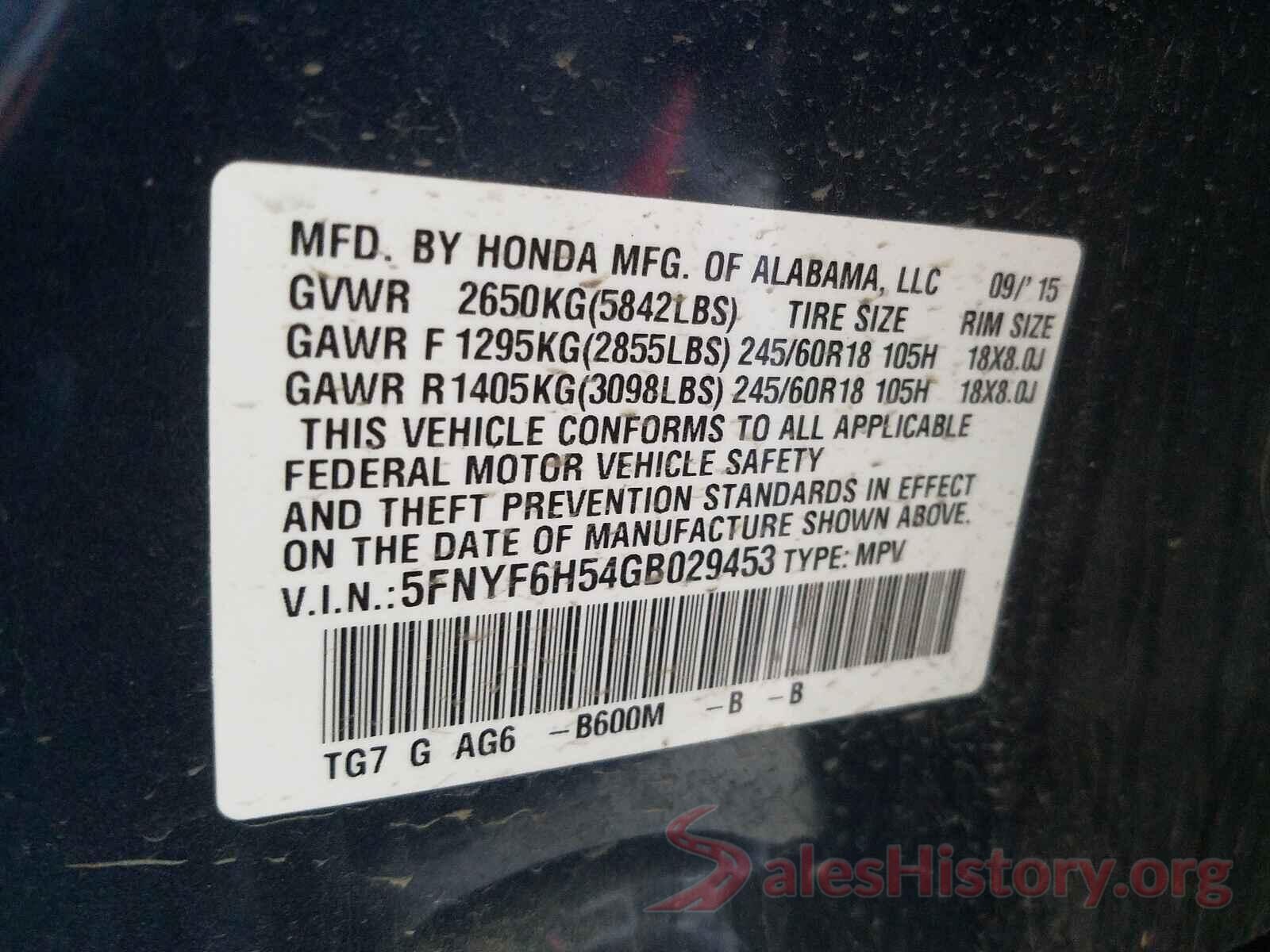 5FNYF6H54GB029453 2016 HONDA PILOT