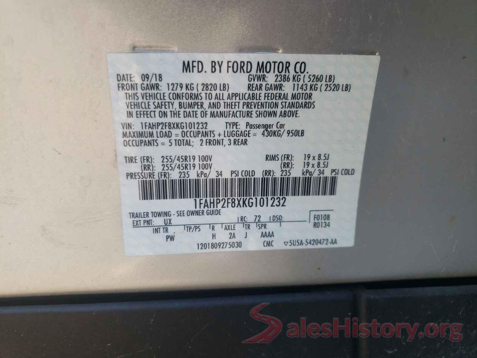 1FAHP2F8XKG101232 2019 FORD TAURUS