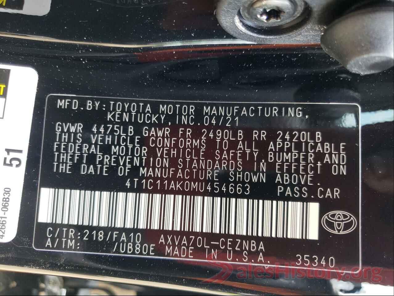 4T1C11AK0MU454663 2021 TOYOTA CAMRY