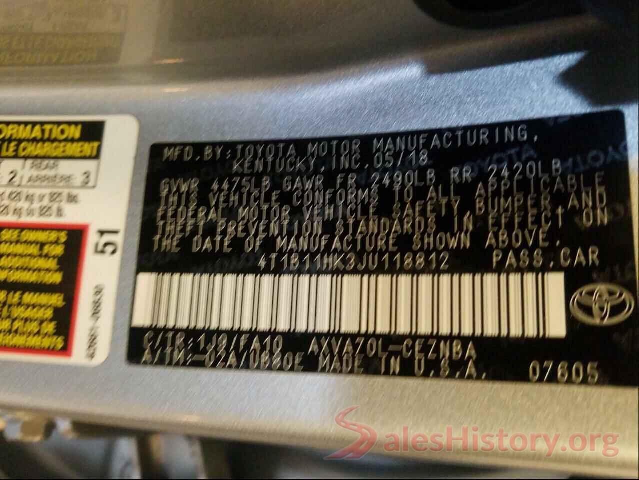 4T1B11HK3JU118812 2018 TOYOTA CAMRY