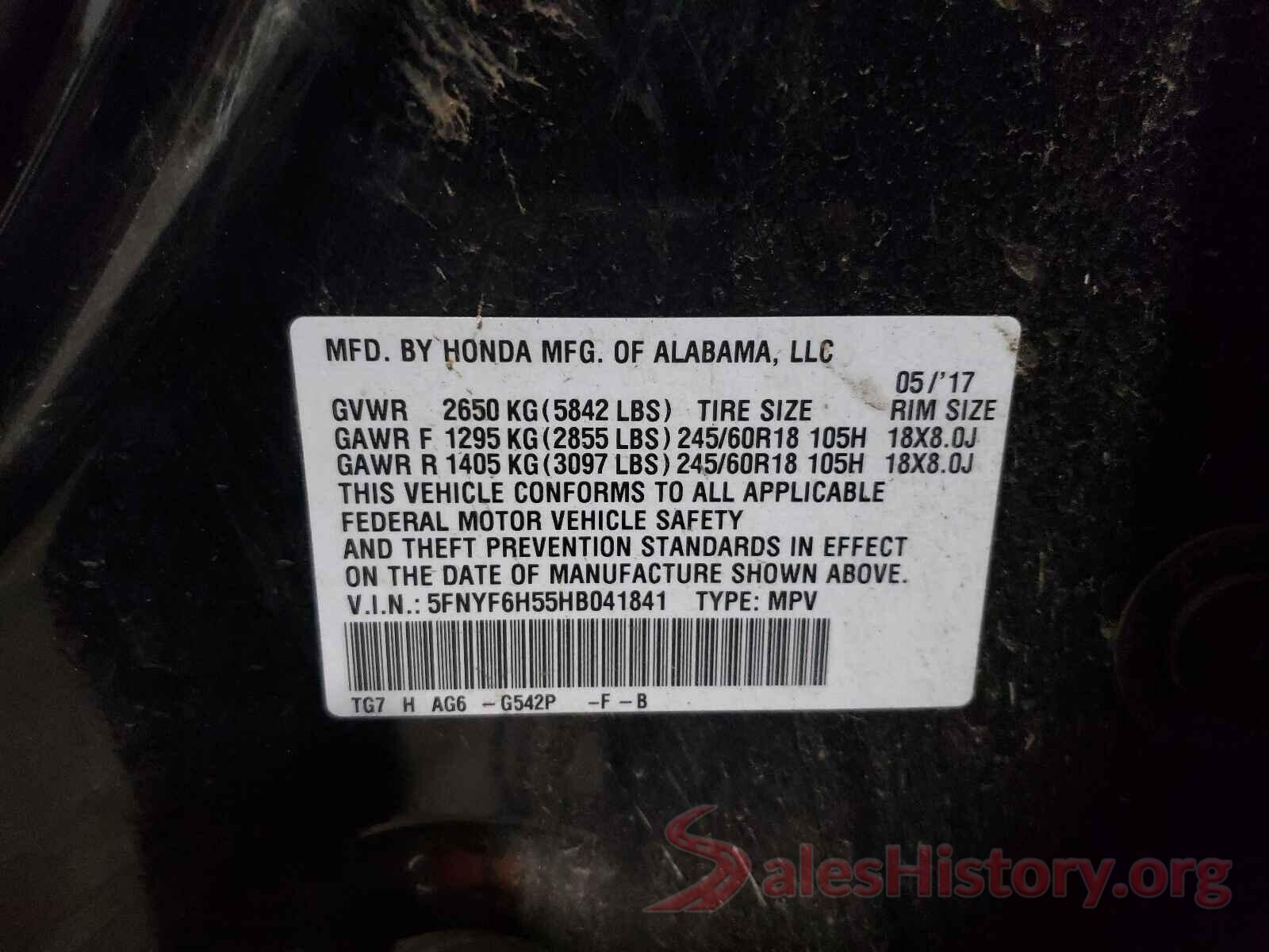 5FNYF6H55HB041841 2017 HONDA PILOT