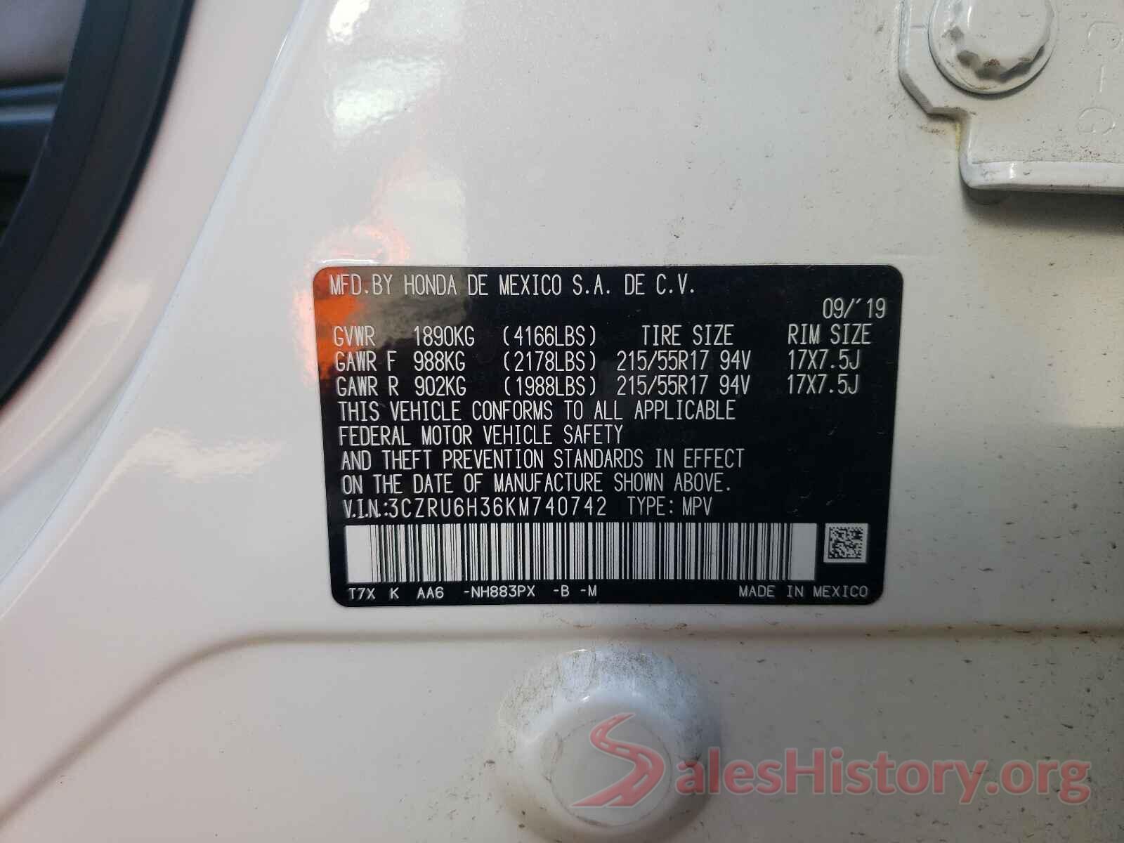 3CZRU6H36KM740742 2019 HONDA HR-V