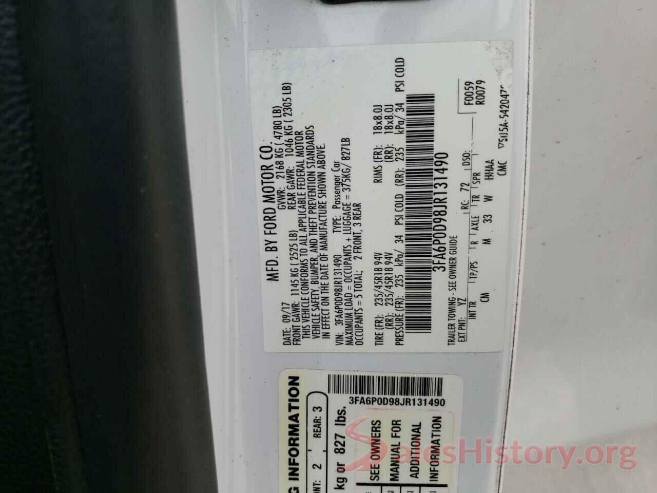 3FA6P0D98JR131490 2018 FORD FUSION