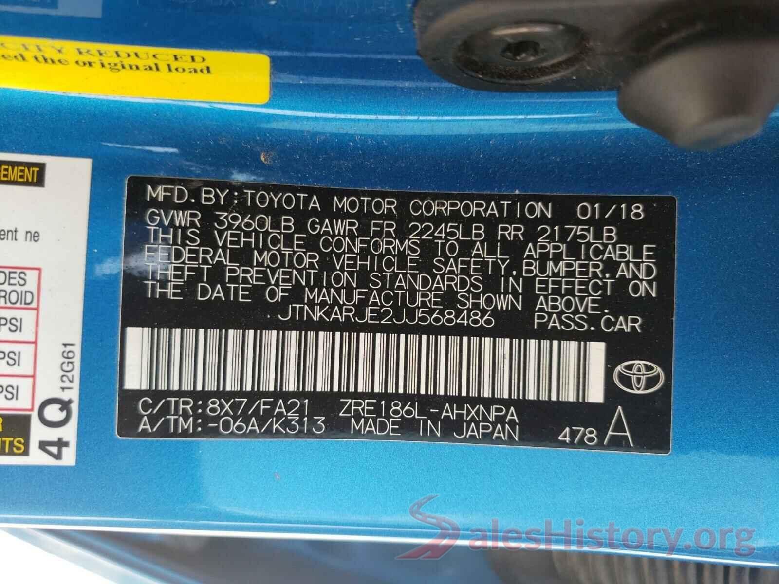 JTNKARJE2JJ568486 2018 TOYOTA COROLLA