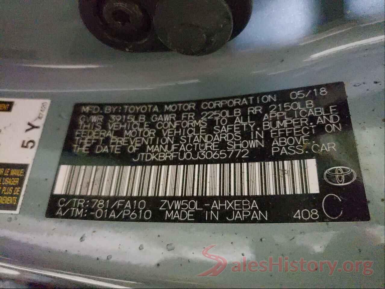 JTDKBRFU0J3065772 2018 TOYOTA PRIUS