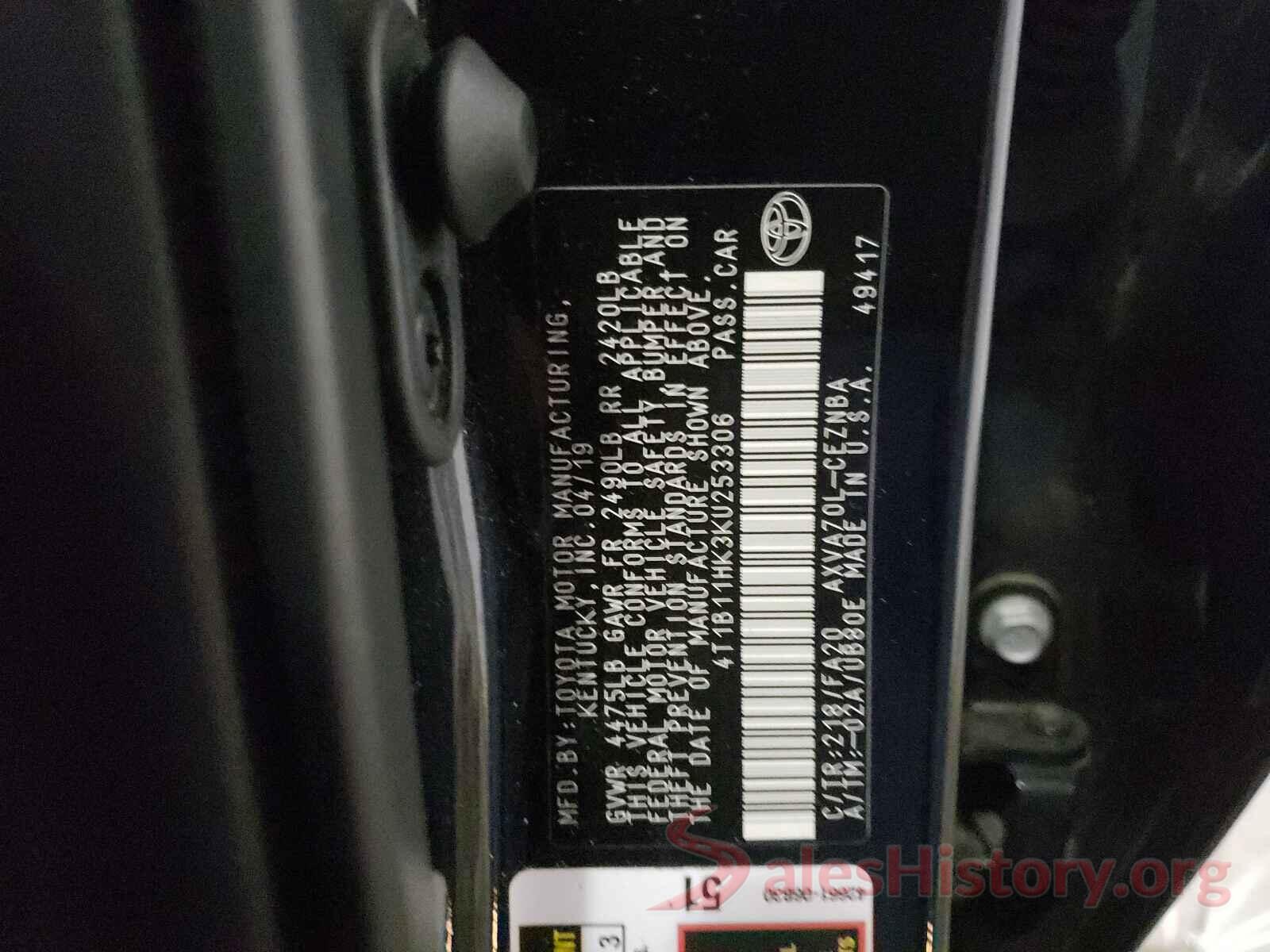 4T1B11HK3KU253306 2019 TOYOTA CAMRY