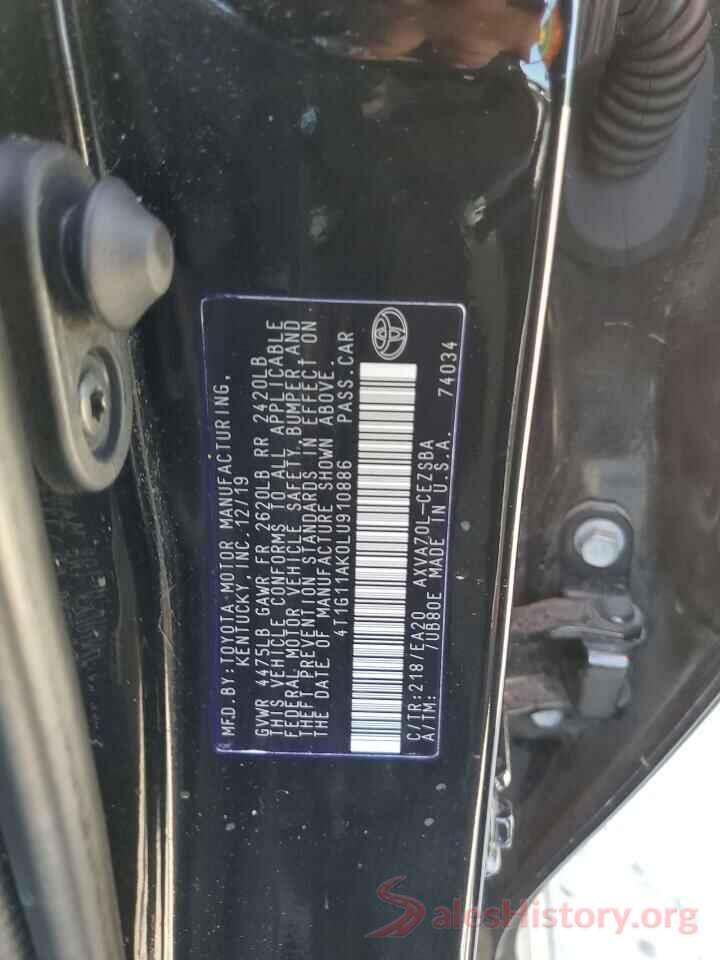 4T1G11AK0LU910886 2020 TOYOTA CAMRY