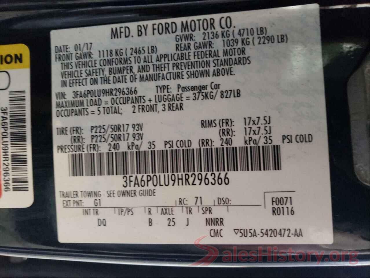 3FA6P0LU9HR296366 2017 FORD FUSION