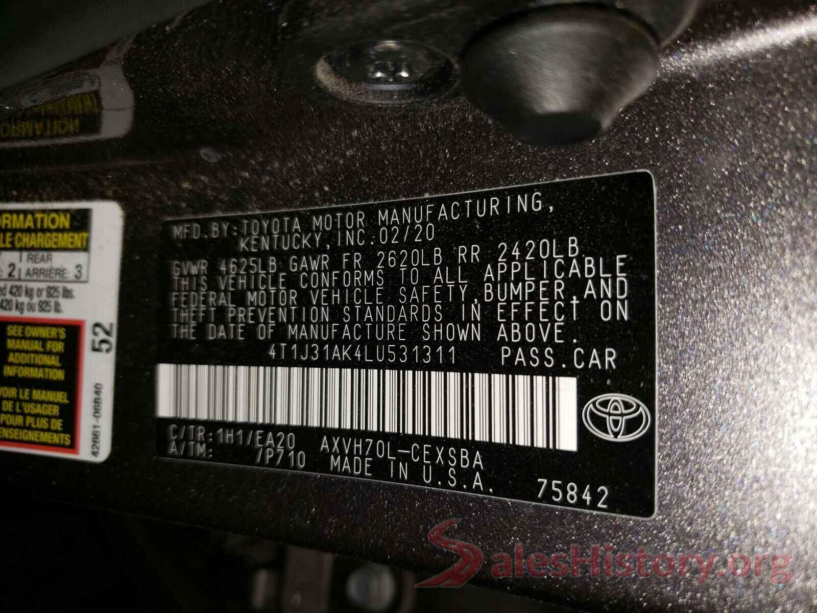 4T1J31AK4LU531311 2020 TOYOTA CAMRY