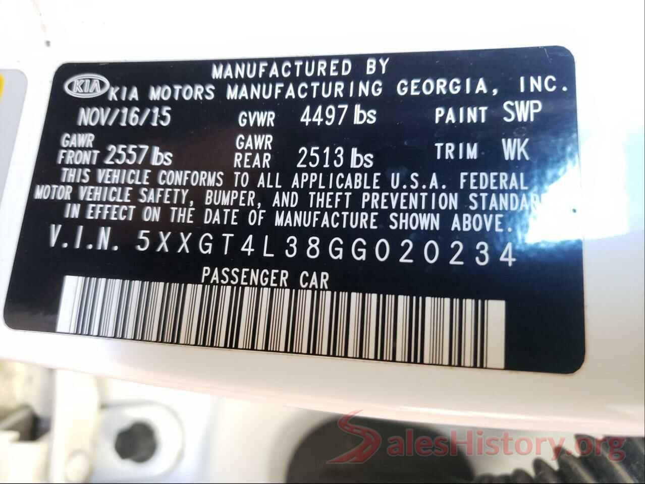 5XXGT4L38GG020234 2016 KIA OPTIMA