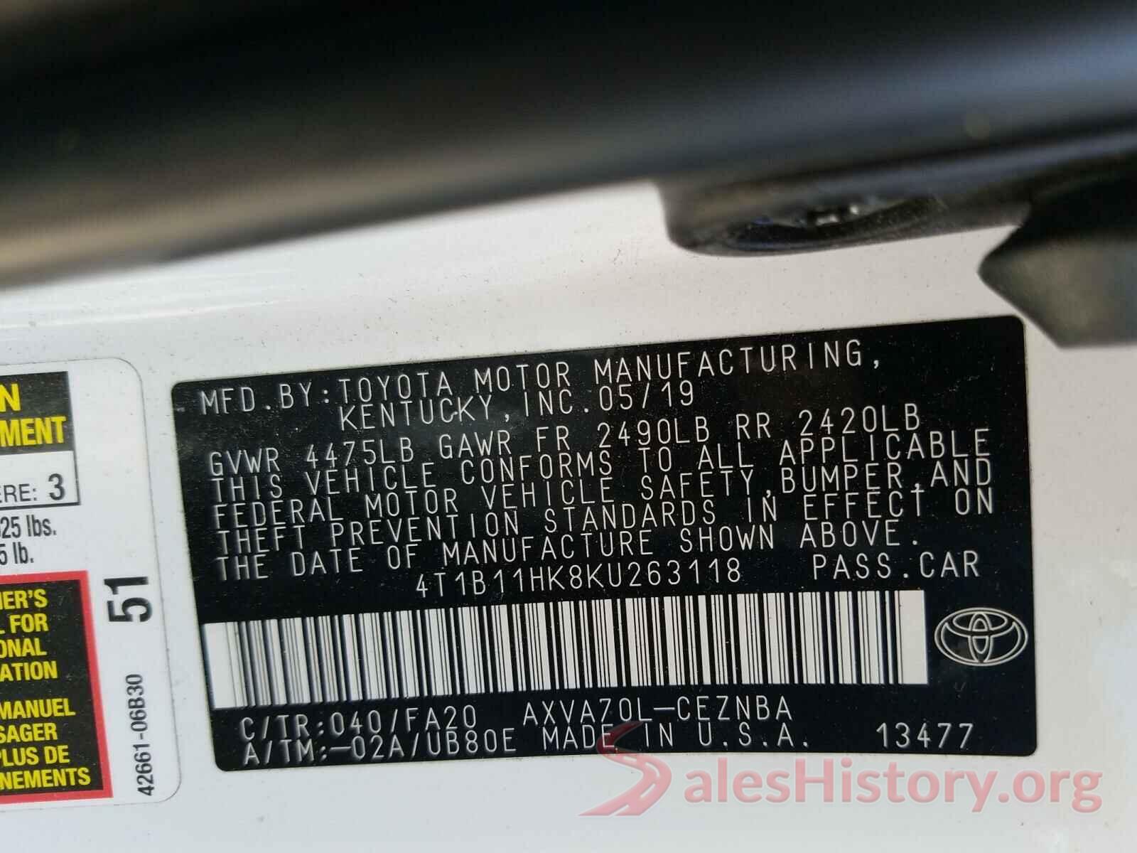 4T1B11HK8KU263118 2019 TOYOTA CAMRY