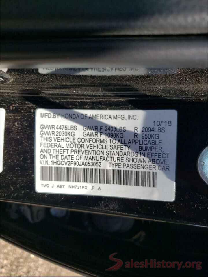 1HGCV2F90JA053052 2018 HONDA ACCORD