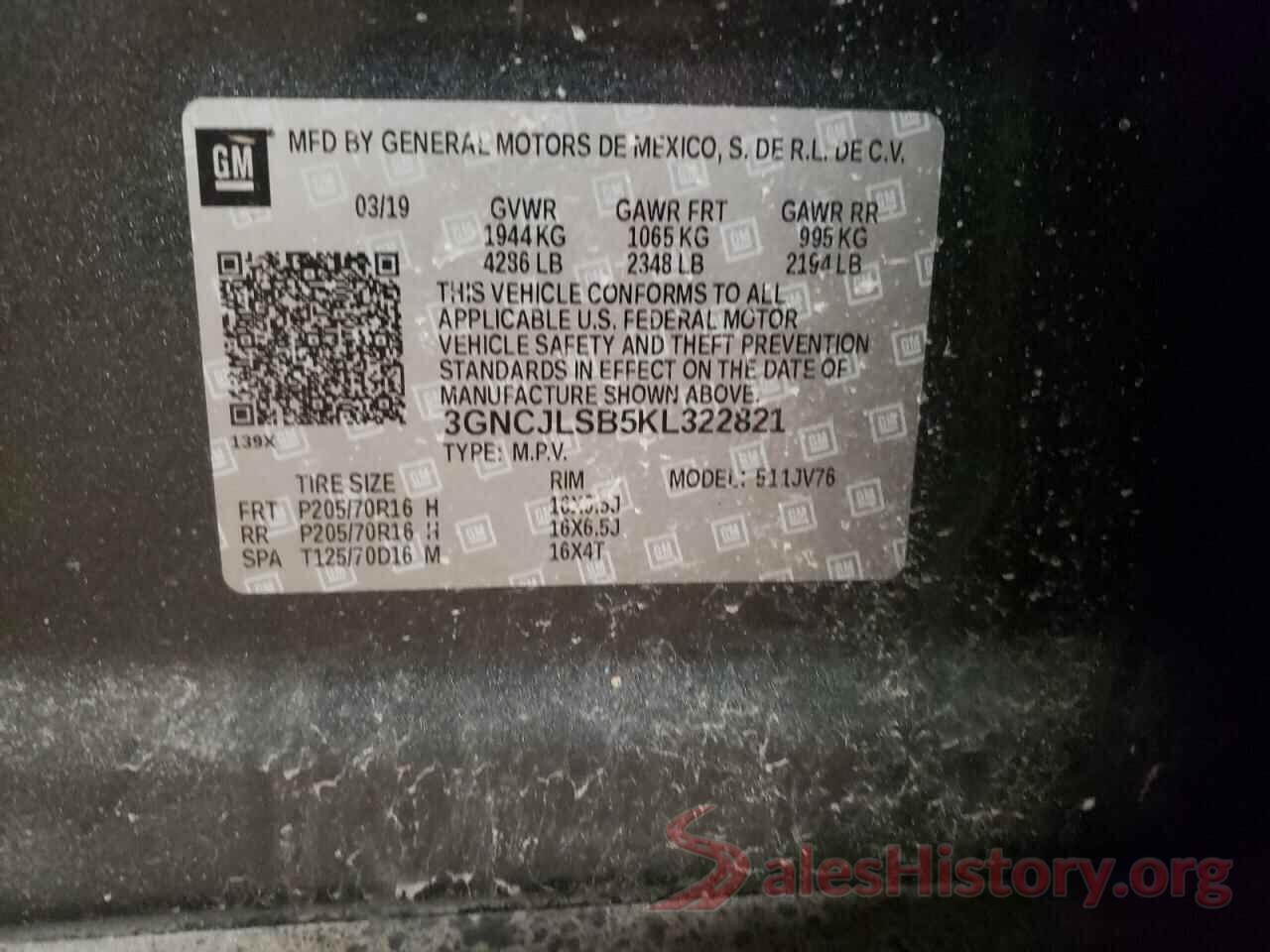 3GNCJLSB5KL322821 2019 CHEVROLET TRAX