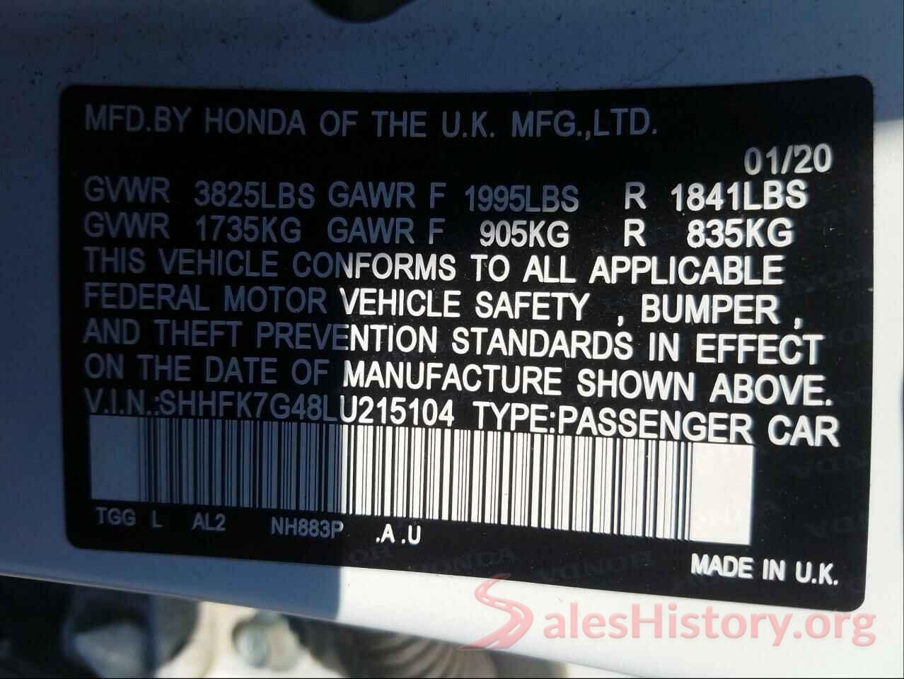 SHHFK7G48LU215104 2020 HONDA CIVIC