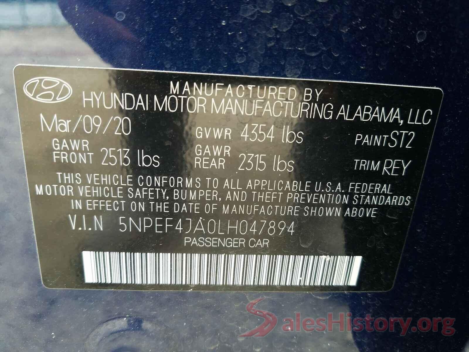 5NPEF4JA0LH047894 2020 HYUNDAI SONATA