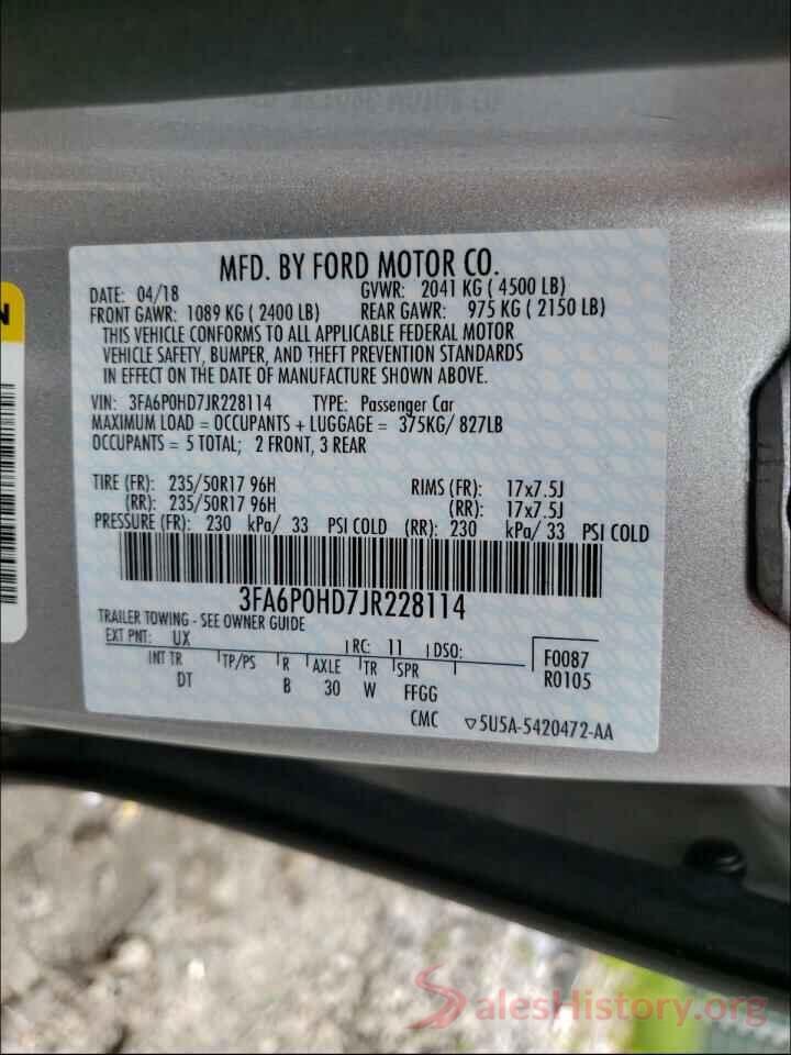 3FA6P0HD7JR228114 2018 FORD FUSION