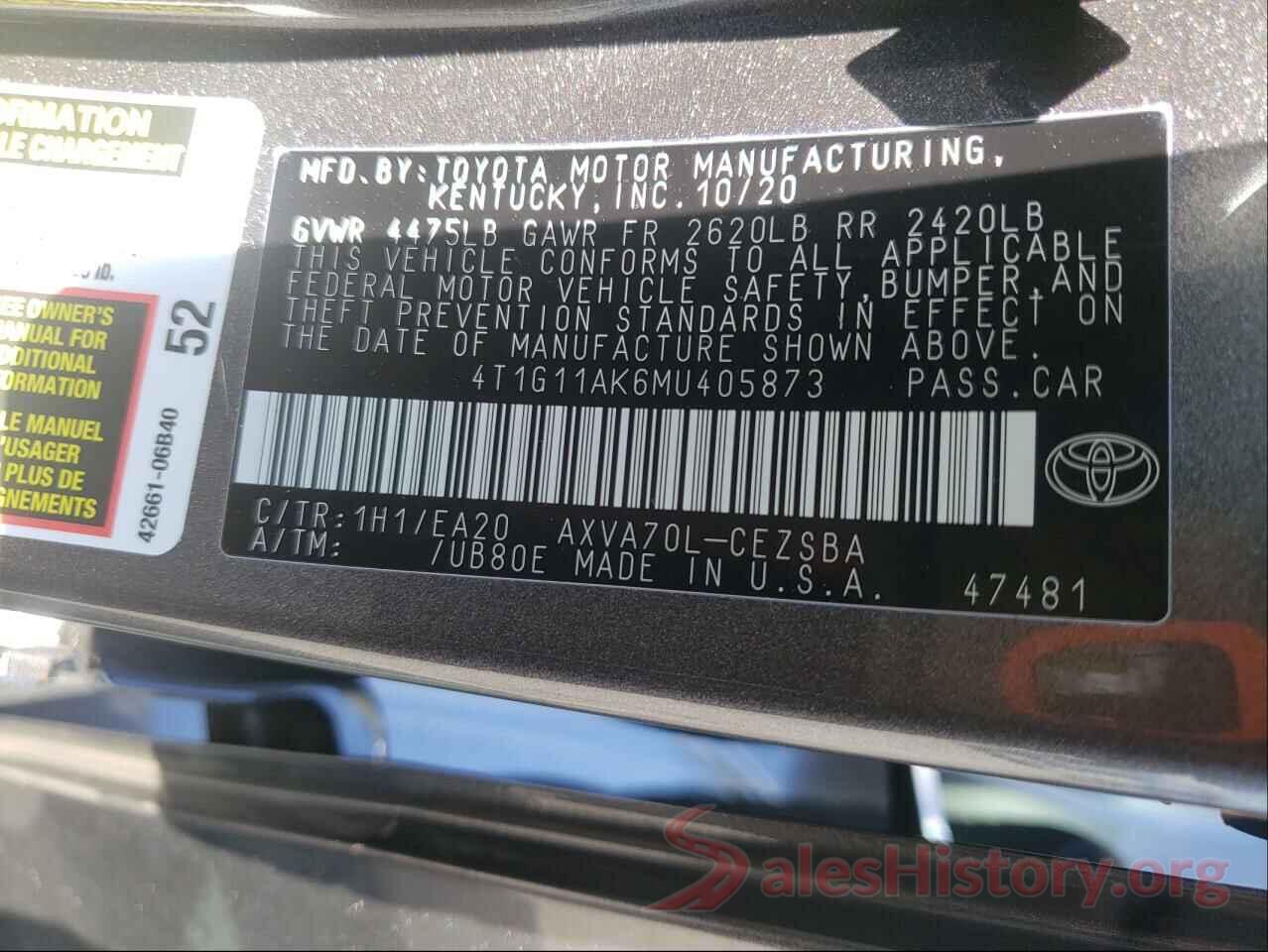 4T1G11AK6MU405873 2021 TOYOTA CAMRY