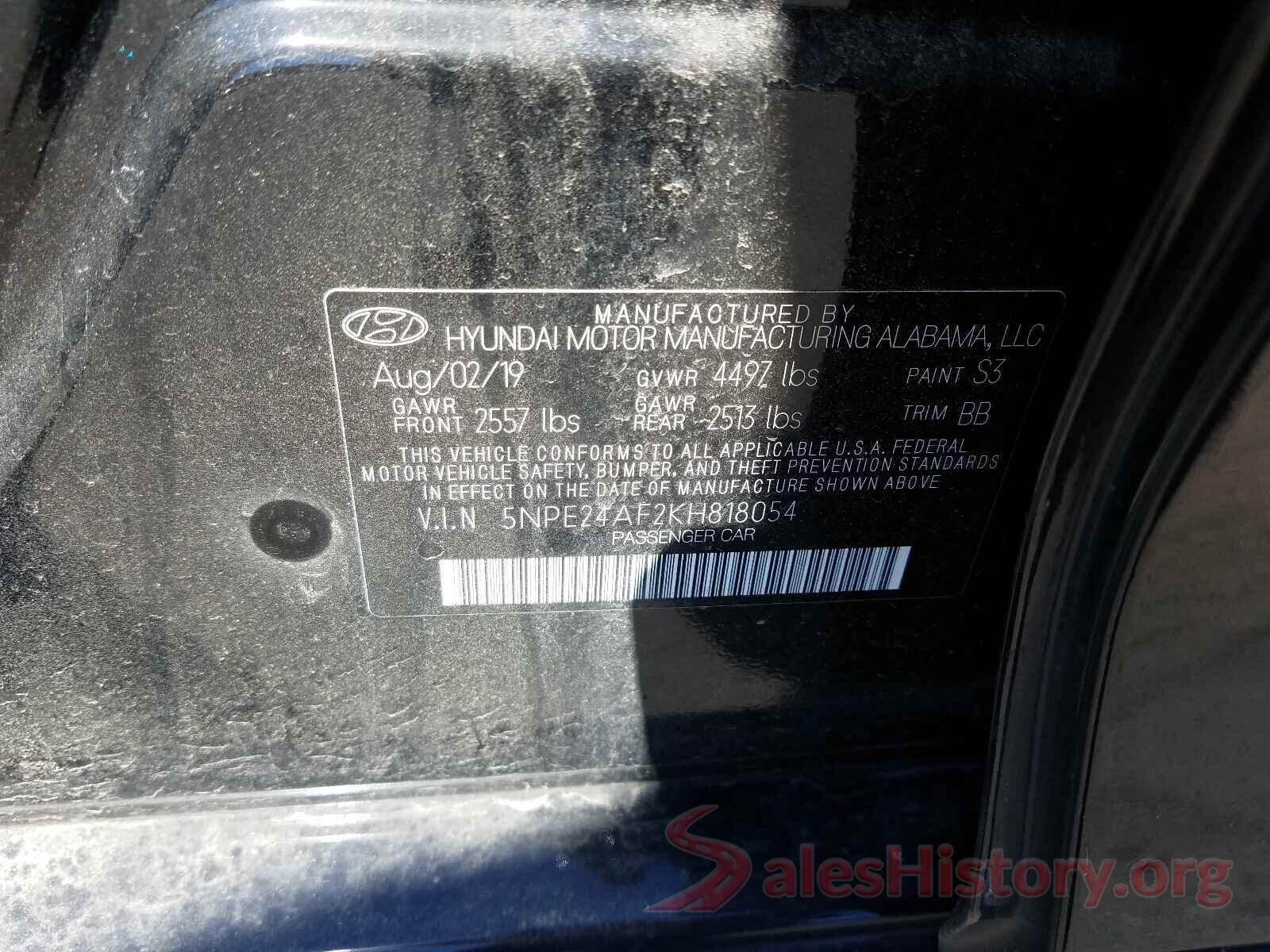 5NPE24AF2KH818054 2019 HYUNDAI SONATA