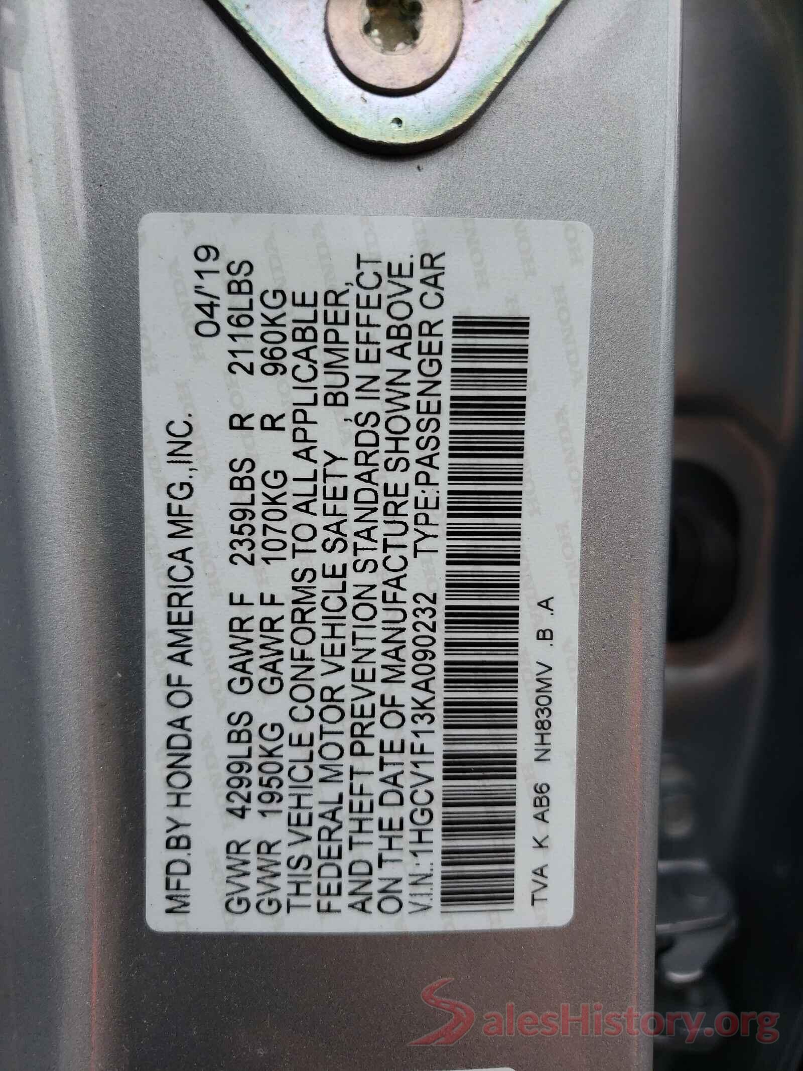 1HGCV1F13KA090232 2019 HONDA ACCORD