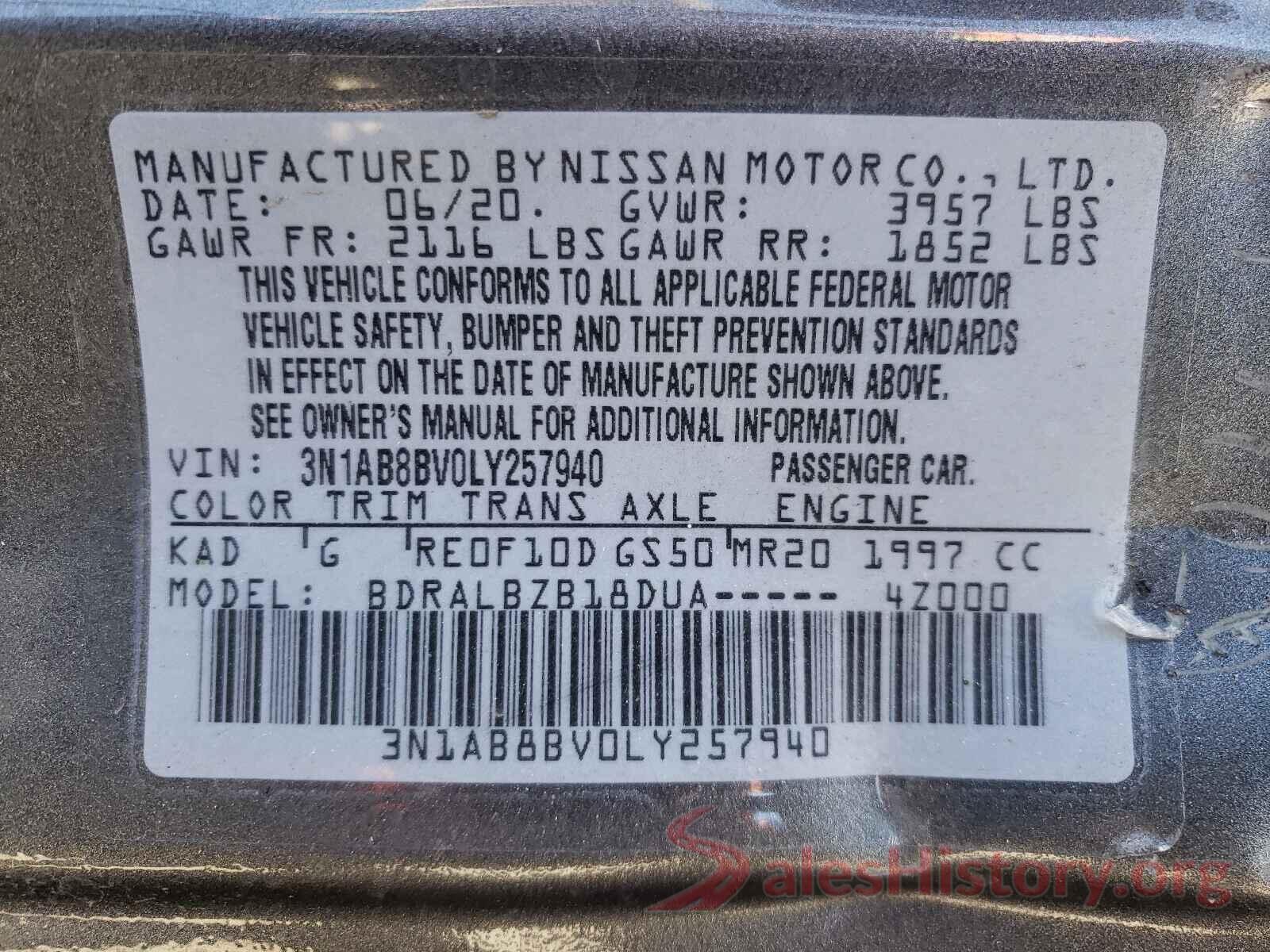 3N1AB8BV0LY257940 2020 NISSAN SENTRA