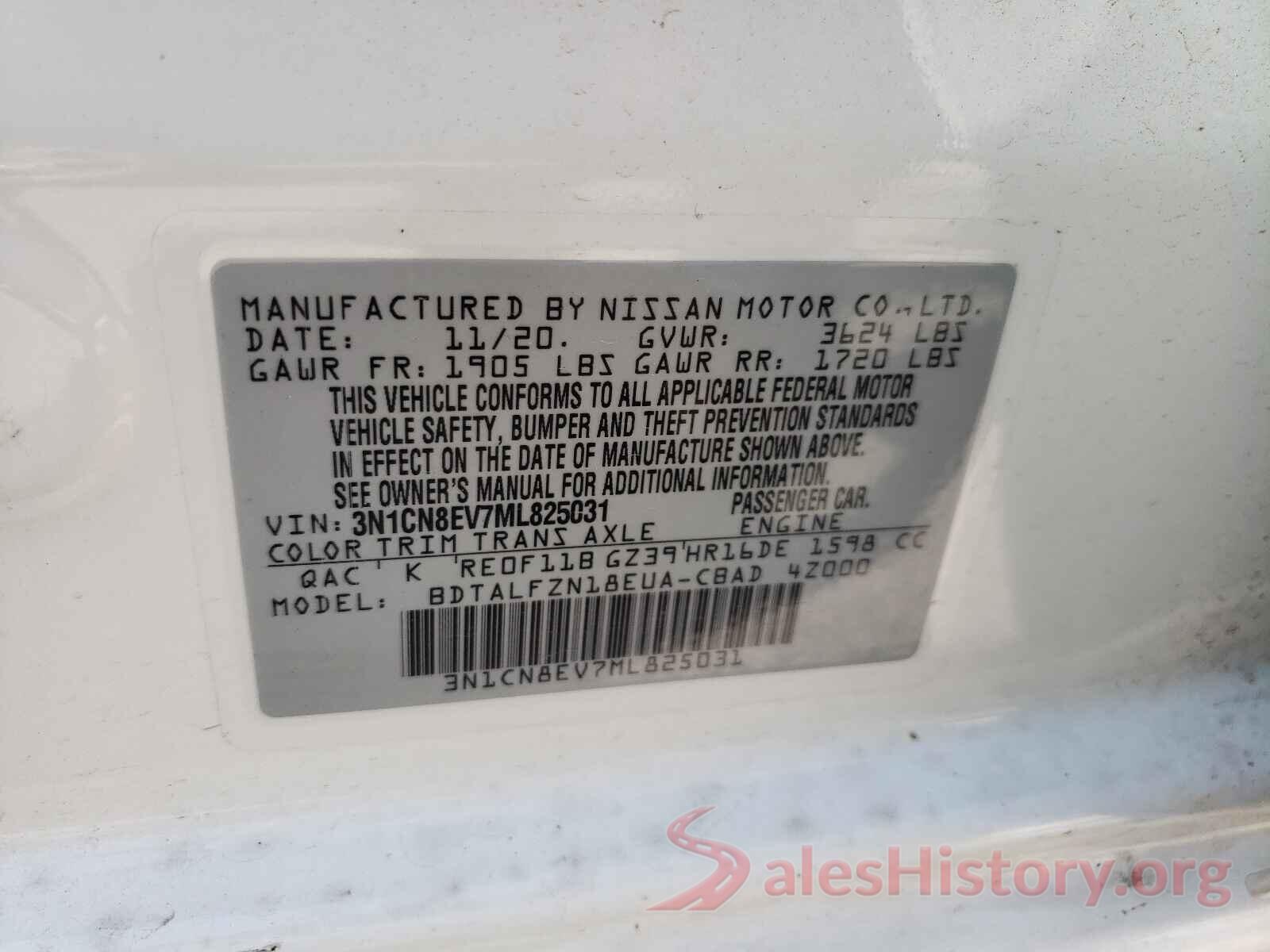 3N1CN8EV7ML825031 2021 NISSAN VERSA