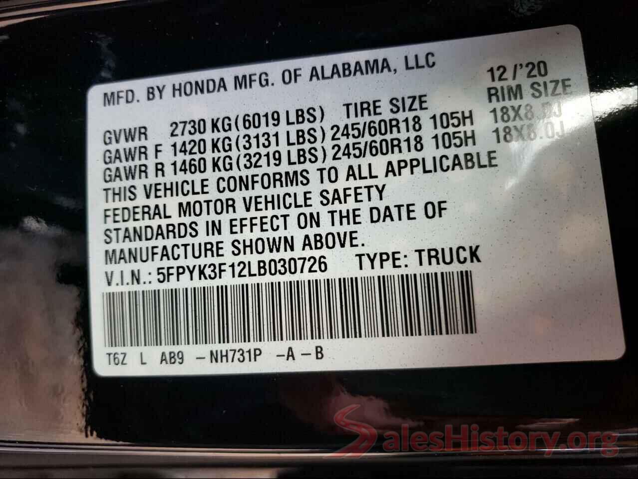 5FPYK3F12LB030726 2020 HONDA RIDGELINE