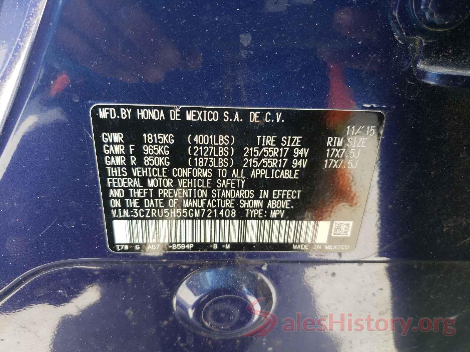 3CZRU5H55GM721408 2016 HONDA HR-V